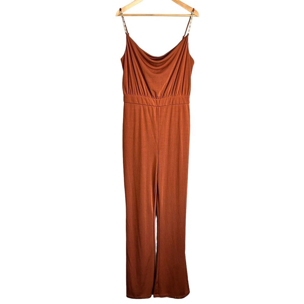 Jason Wu Jumpsuit Womens Large Orange Cowl Neck Chain Rhinestone Straps Wide Leg